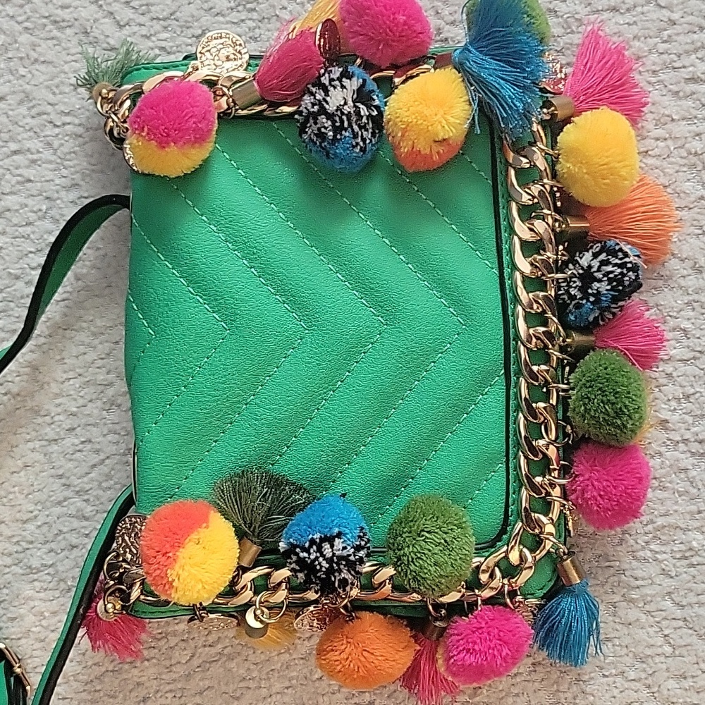 ALDO Bag Green Multi Pom Pom w/ Gold Chain Accents